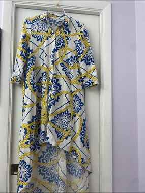 Blue & Yellow Print High-Low Shirt Dress
